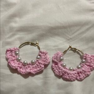 Pink Crochet Hoop Earrings with Pearls